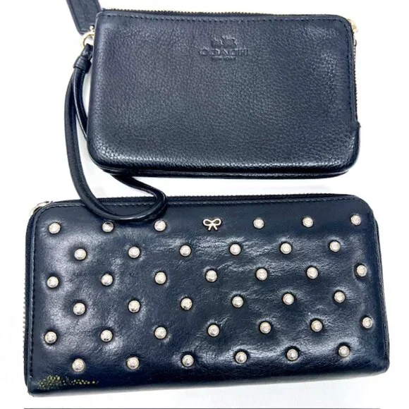 2 Vintage Wallets black leather full zip COACH & Ana Hindmarch with Studs (70) - Picture 7 of 11